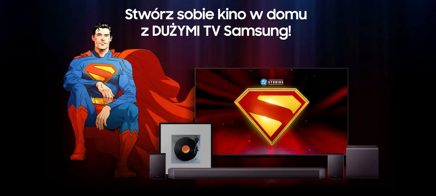Stwórz sobie kino w domu z DUŻYMI TV Samsung! - Komiksowy superman, a obok niego głośnik, soundbar i telewizor Samsung