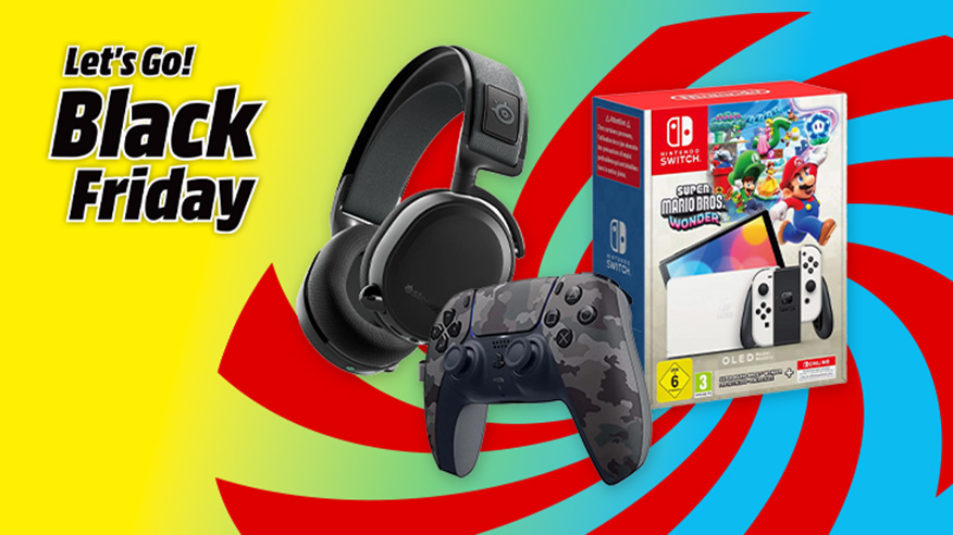 Słuchawki, kontroler w kamuflażu i pudełko z grą Super Mario Bros Wonder na konsolę Nintendo Switch na tle Black Friday.