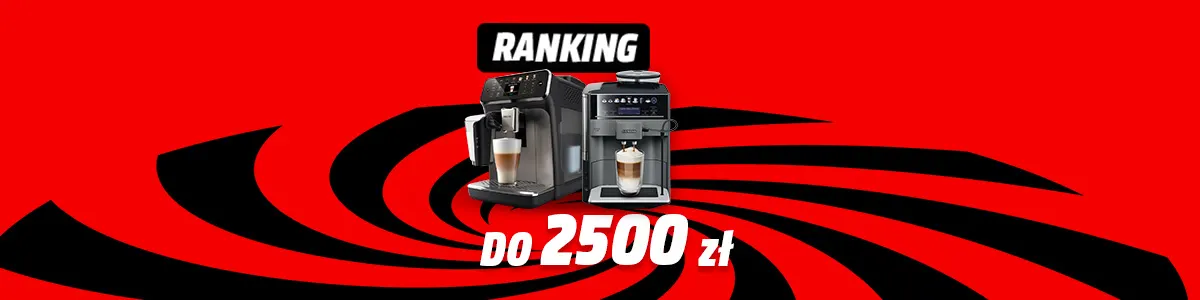 Dwa automatyczne ekspresy do kawy na czerwonym tle z czarnymi wirami. U góry napis "Ranking", na dole "do 2500 zł".