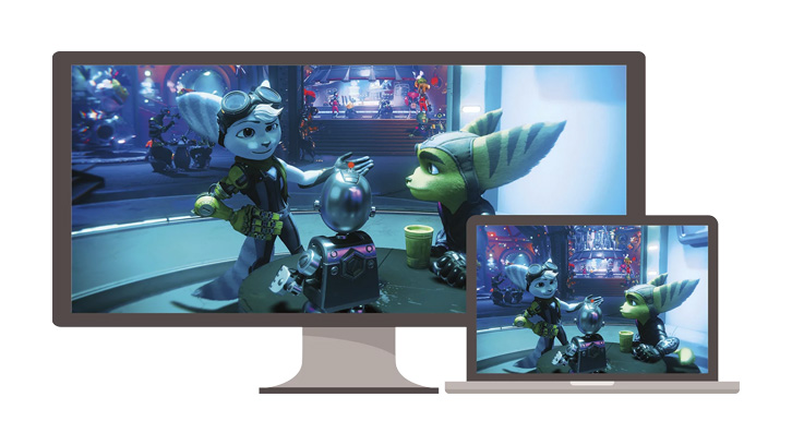 Na ekranie monitora i laptopa widoczna scena z gry z dwoma postaciami przypominającymi antropomorficzne zwierzęta i robotem.