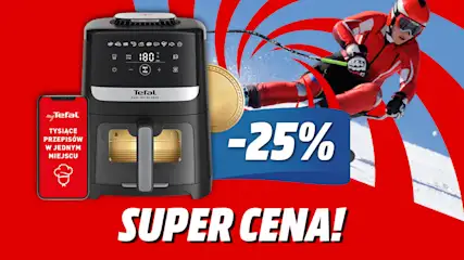 Airfryer TEFAL z napisem Super Cena -25%. W tle narciarz i medal akcji promocyjnej Okazje na medal.