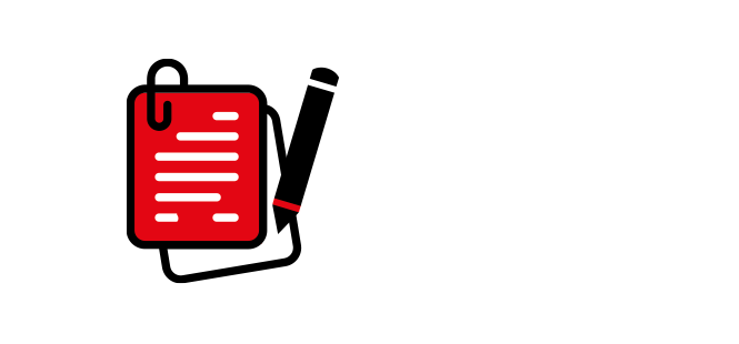 Czerwony notatnik z czarnym klipsem i czarny ołówek z czerwoną końcówką na białym tle.