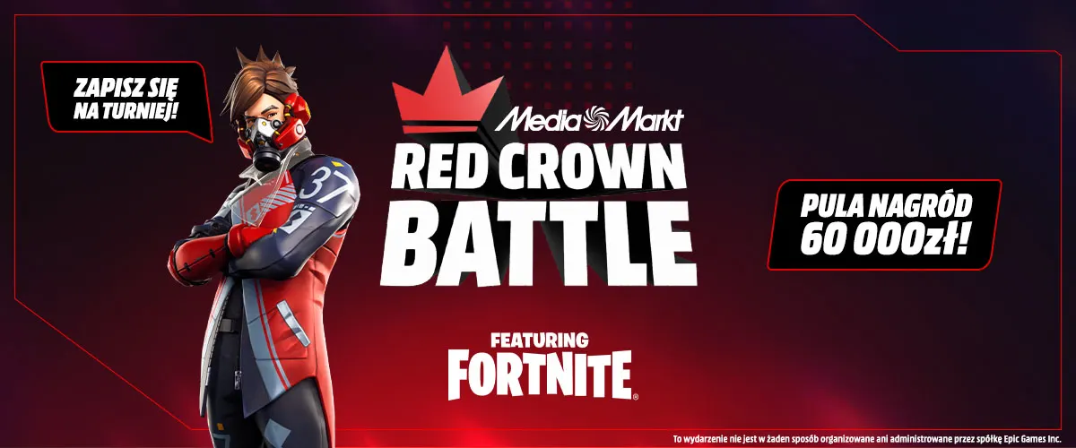 Plakat reklamuje turniej Media Markt Red Crown Battle w Fortnite z pulą nagród 60 000 zł. Postać w kostiumie.