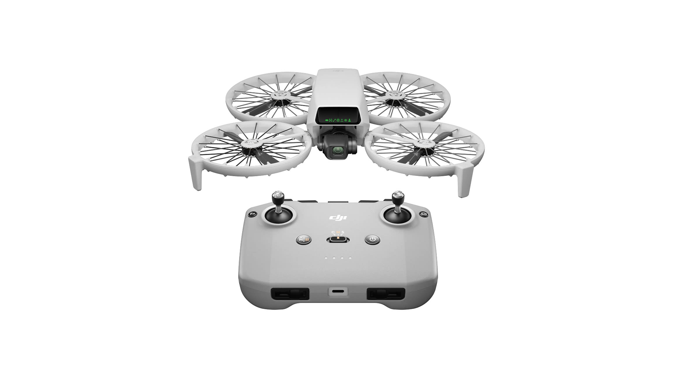 Dron z kontrolerem w kolorze szarym.