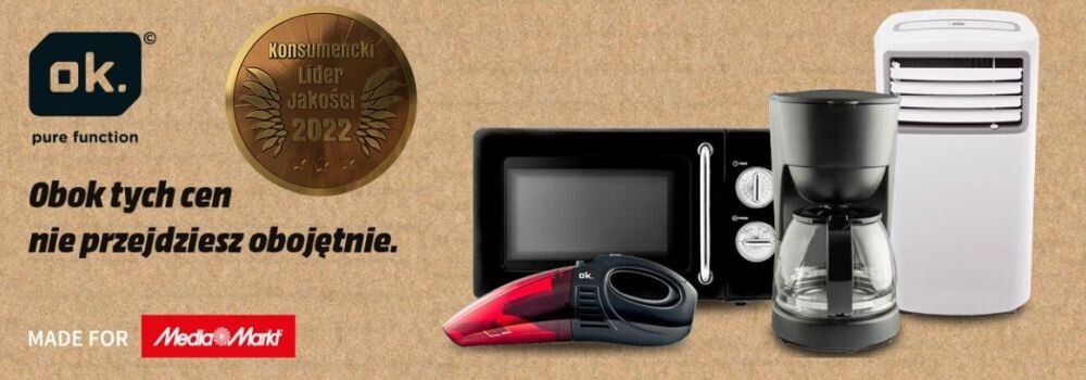 Na brązowym tle mikrofala, odkurzacz, ekspres do kawy i klimatyzator obok logo ok. i napisu "Obok tych cen nie przejdziesz obojętnie".