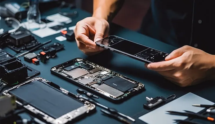 Osoba trzyma telefon nad rozłożonym telefonem na stole z narzędziami.