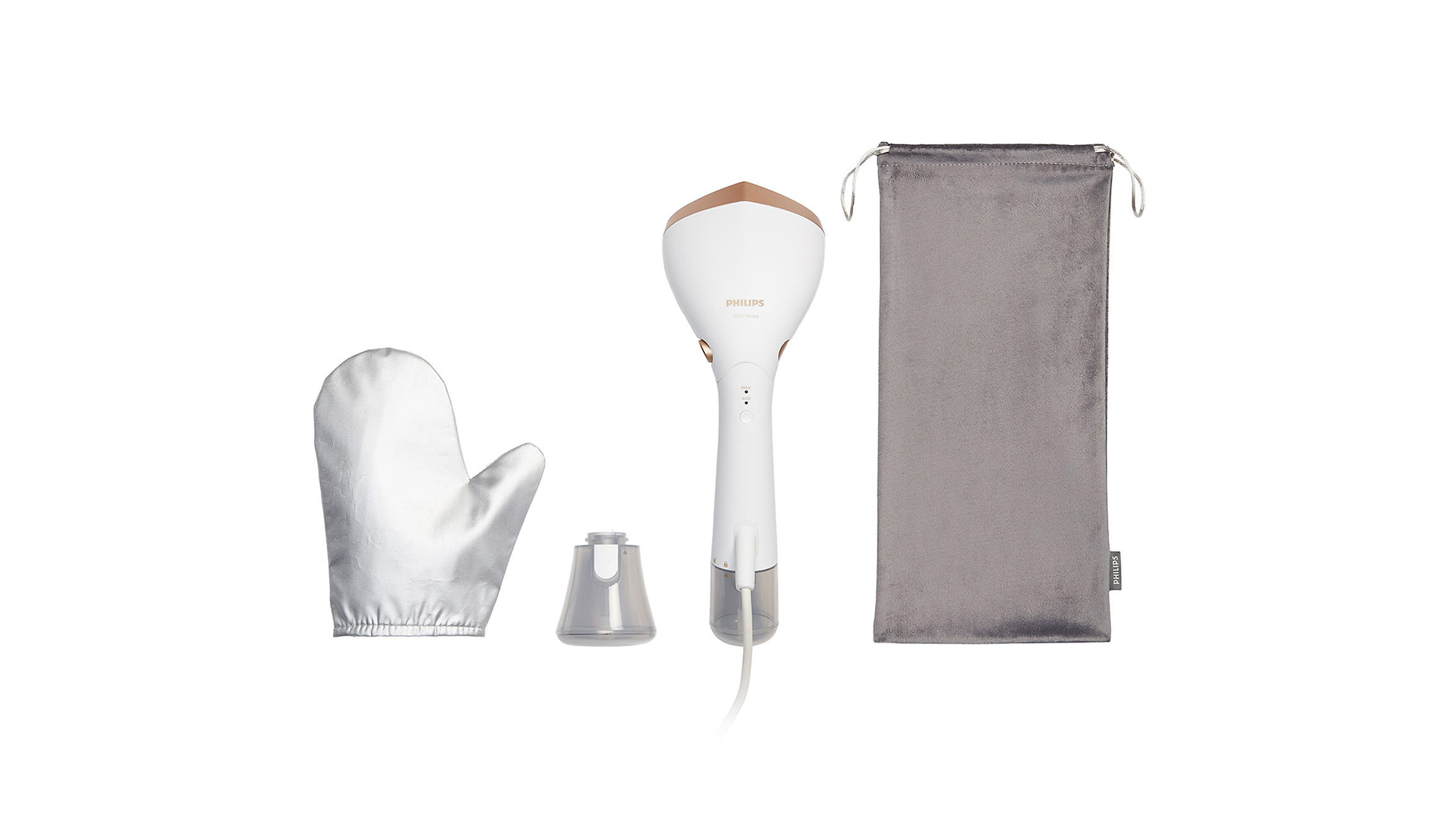 Biała parownica do ubrań Philips z miękką głowicą i smukłym uchwytem oraz rękawicą i etui, ustawiona pionowo na białym tle.