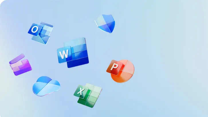 Na jasnoniebieskim tle unoszą się ikony programów, m.in. Word (W), Excel (X), PowerPoint (P) i Outlook (O) oraz OneDrive (chmura).