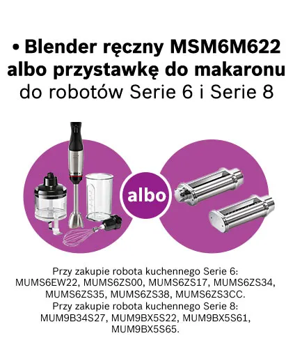 Blender ręczny, pojemnik, ubijak, przystawka do makaronu na fioletowym tle. Napis "albo" i numery modeli robotów kuchennych.