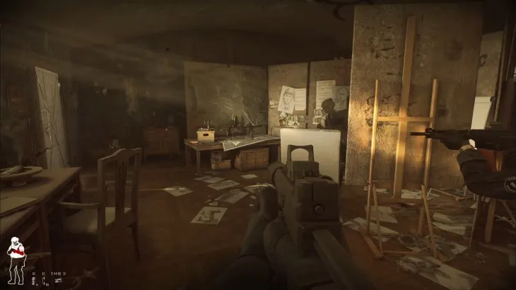 Na głównym planie pistolet maszynowy i sceneria z gry