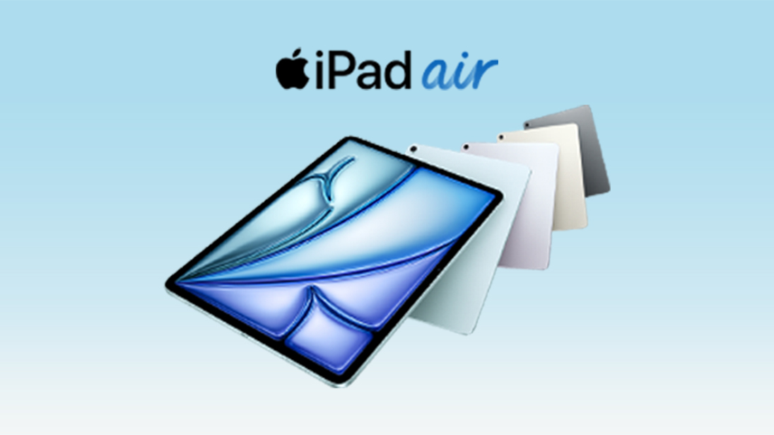 5 iPadów w różnych kolorach nad teskt iPad air na niebieskim tle.