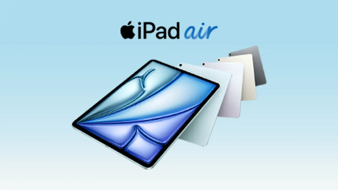 5 iPadów w różnych kolorach nad teskt iPad air na niebieskim tle.