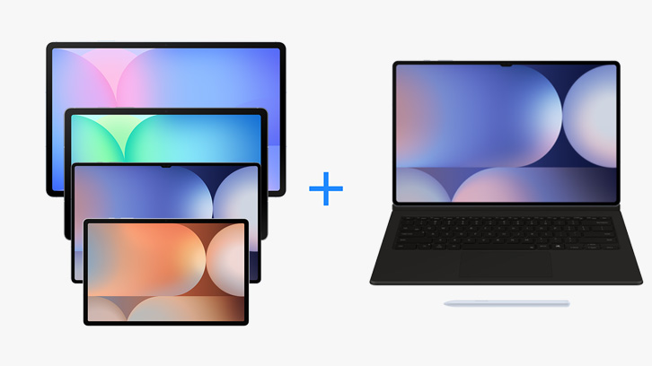 Na białym tle widoczne są cztery tablety i laptop z rysikiem, rozdzielone znakiem plusa. Ekrany urządzeń wyświetlają abstrakcyjne, kolorowe grafiki.