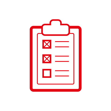 Czerwona ikona: lista kontrolna z dwoma zaznaczonymi polami i jednym pustym polem obok poziomych linii.
