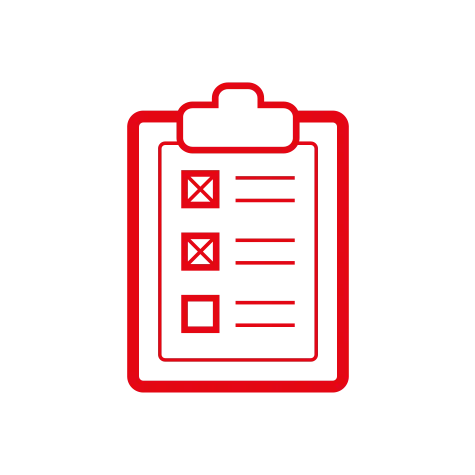 Czerwona ikona: lista kontrolna z dwoma zaznaczonymi polami i jednym pustym polem obok poziomych linii.