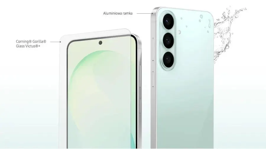 Jasnozielony Samsung Galaxy S26 FE z przodu i z tyłu, z oznaczeniem szkła Corning Gorilla Glass Victus+ i aluminiowej ramki
