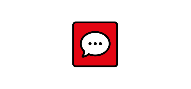 Czerwony kwadrat z czarną obwódką zawiera białą ikonę dymka z trzema czarnymi kropkami w środku.