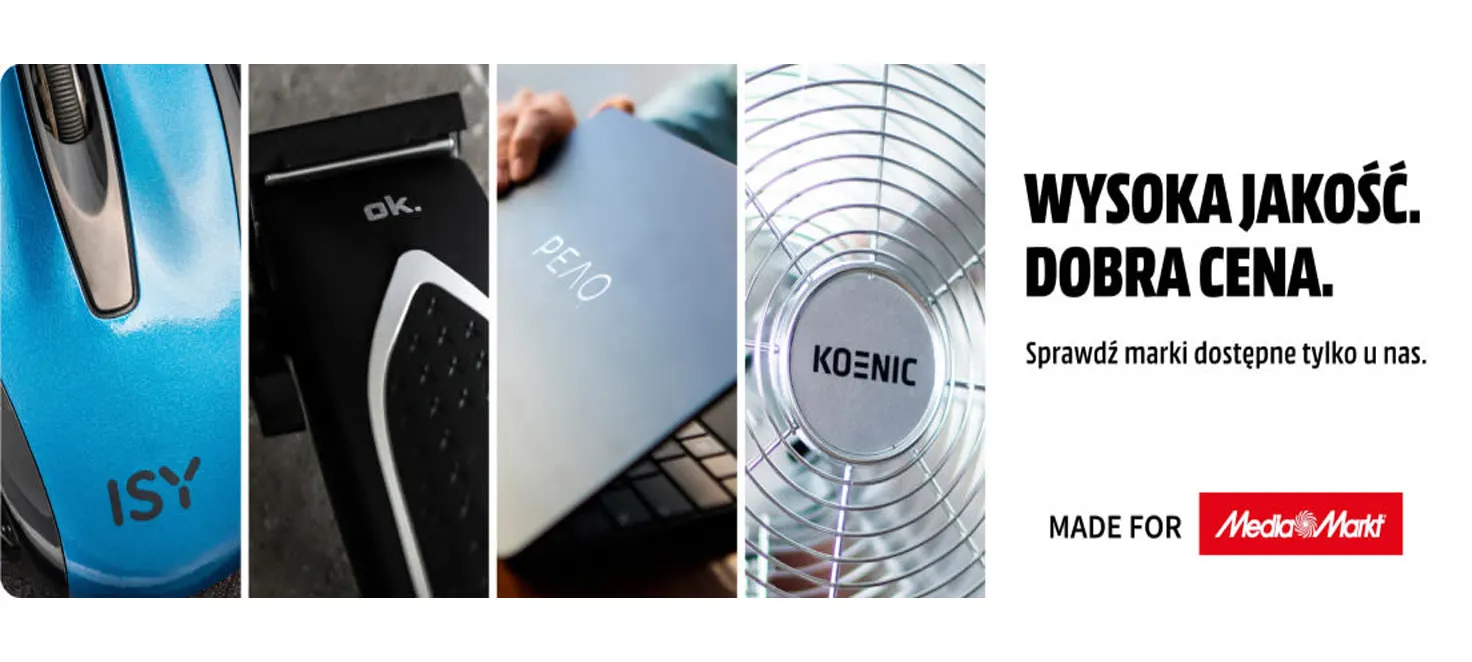 Na obrazie widać cztery panele z produktami marek ISY, OK, PEAQ i Koenic oraz napis "Wysoka jakość, dobra cena".