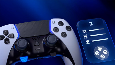 Na granatowym tle leży kontroler do gier i niebieski ekran z ikonami oraz wskaźnikami.