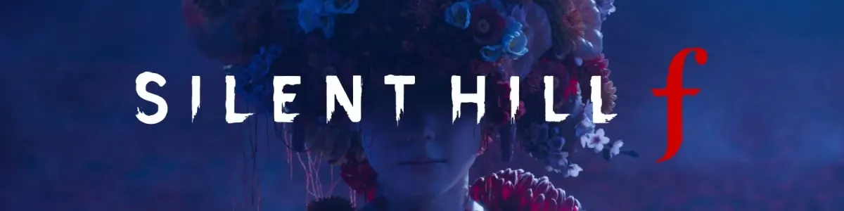 Napis Silent Hill f, a w tle kobieta z kwiatami na głowie