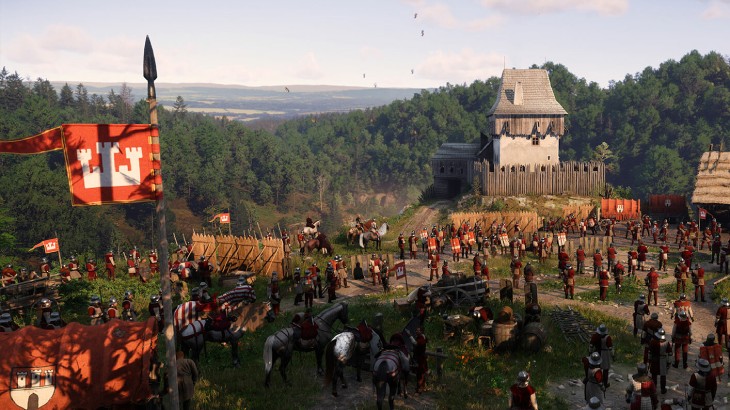 Na obrazie widoczny jest średniowieczny obóz wojskowy u podnóża wzgórza z lasem, z wieżą strażniczą i licznymi żołnierzami.