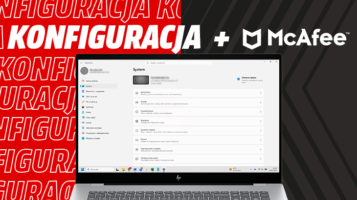 Tekst Konfiguracja + McAfee na czerwonym tle. Obok laptop z ustawieniami na ekranie.