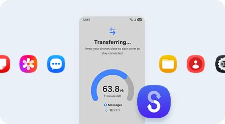 Ekran telefonu pokazuje transfer danych z postępem 63.8%, obok ikony aplikacji z literą S i inne ikony aplikacji.
