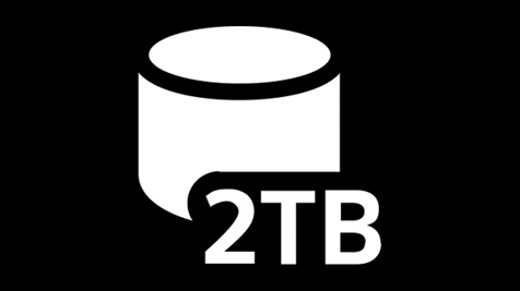 Biała ikona bazy danych z napisem „2TB” na czarnym tle, symbolizująca pojemność pamięci.