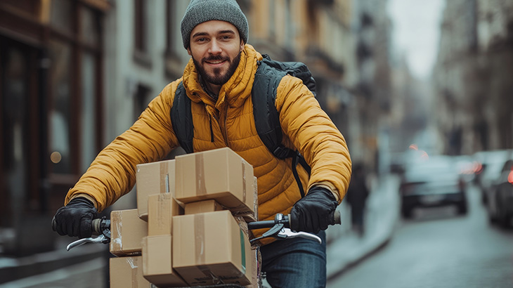 Mężczyzna w kurtce i czapce wiezie rowerem stos kartonów po ulicy miasta.