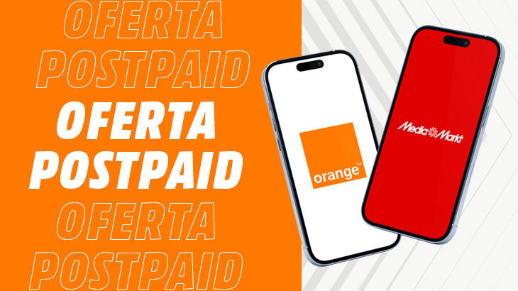 Oferta Postpaid text na pomarańczowym tle. Obok dwa telefony jeden z logo Orange, a drugi z logo MediaMarkt.