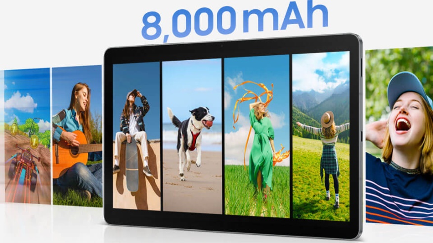 Tablet Samsung Galaxy Tab S10 Lite z zestawem kolorowych zdjęć wychodzących poza ramy urządzenia. Na górze informacja o pojemności baterii.