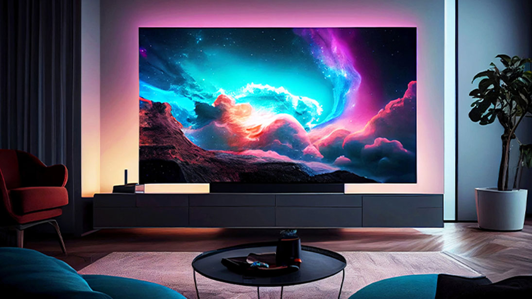 Futurystyczny TV OLED 65 cali na komodzie, z fioletową poświatą za ekranem. Na wyświetlaczu fantazyjny obraz nieba.