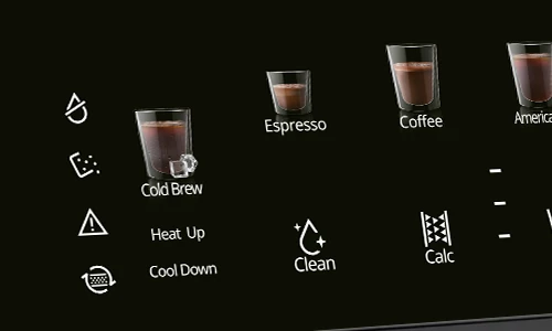 Panel dotykowy ekspresu do kawy z ikonami i nazwami napojów, w tym Espresso, Coffee, Americano, Cold Brew, Clean i Calc.