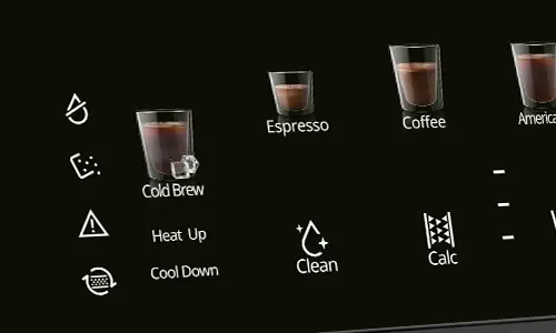Panel dotykowy ekspresu do kawy z ikonami i nazwami napojów, w tym Espresso, Coffee, Americano, Cold Brew, Clean i Calc.