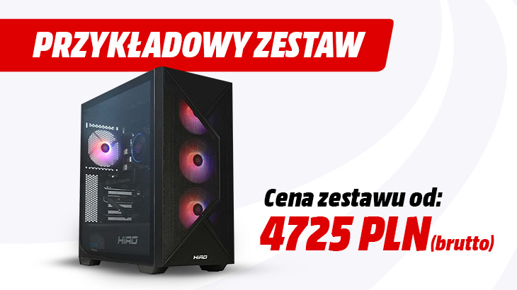 Przykładowy zestaw cena zestawu od 4725 zł brutto. Obok komputer na szaro białym tle.