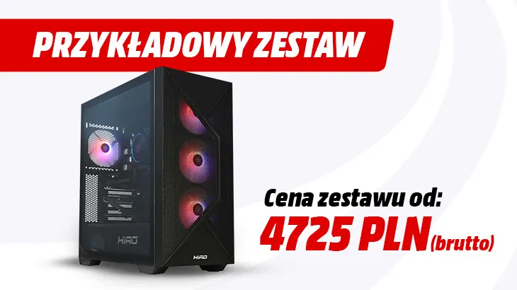 Przykładowy zestaw cena zestawu od 4725 zł brutto. Obok komputer na szaro białym tle.