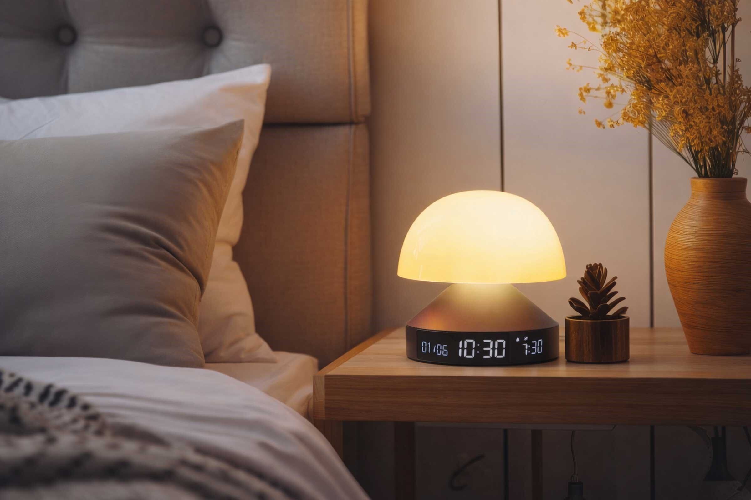 Réveil lumineux avec un dessus en forme de dôme posé sur une table de chevet.