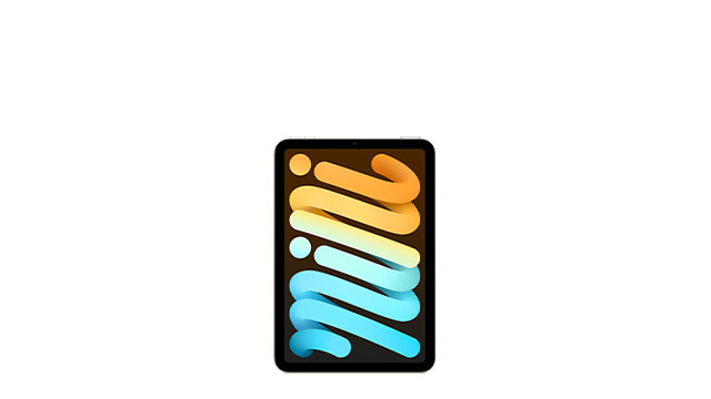 Auf weissem Hintergrund ist ein schwarzes Tablet mit einem Display, das ein gelbes und blaues Muster zeigt.