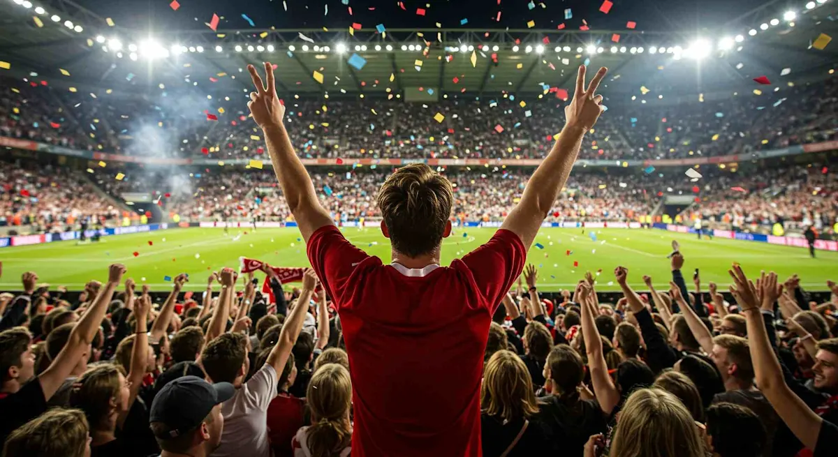 Un supporter en t-shirt rouge exulte dans un stade plein à craquer, les bras levés, tandis que des confettis volent dans les airs.