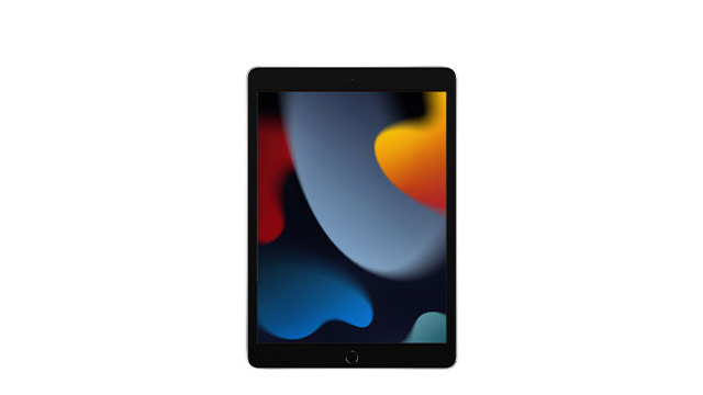Tablette noire avec écran affichant des formes abstraites rouges, grises, jaunes et bleues.