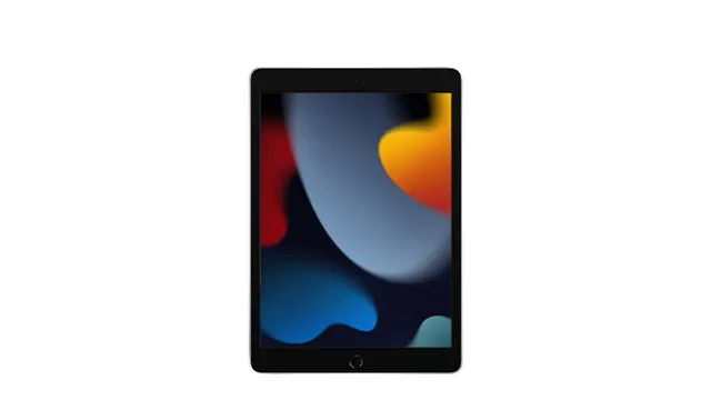 Tablette noire avec écran affichant des formes abstraites rouges, grises, jaunes et bleues.
