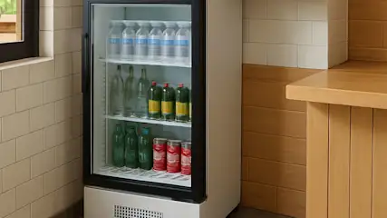 Petit réfrigérateur vitré dans une cuisine, rempli de bouteilles et canettes.