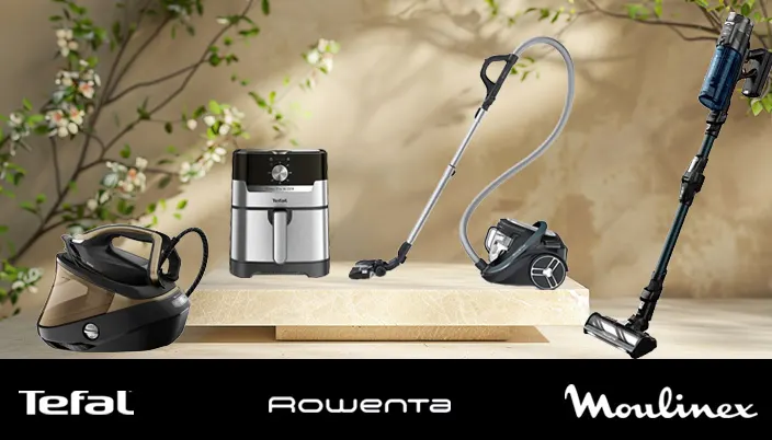 Dampfbügeleisen, Fritteuse, Staubsauger und Stielstaubsauger der Marken Tefal, Rowenta und Moulinex auf hellem Untergrund mit Zweigen.