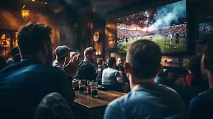 Des spectateurs regardent un match de football sur un écran de télévision dans un bar sombre avec des boissons sur une table en bois.