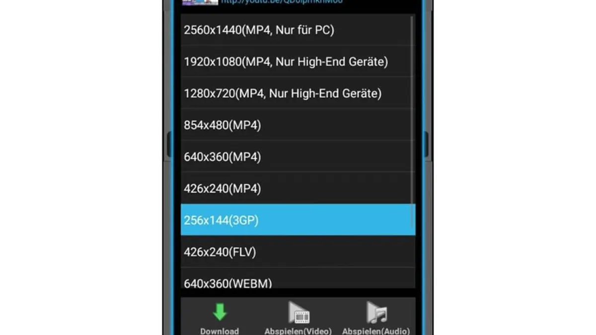 Schermata nera con opzioni di risoluzione video e pulsanti di download, riproduzione video e audio.