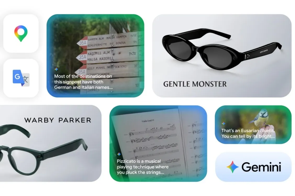 Verschiedene App- und Produktkarten werden auf einer Präsentationsfolie gezeigt, darunter die Smart-Brille von Samsung und KI-gestützte Informationen.