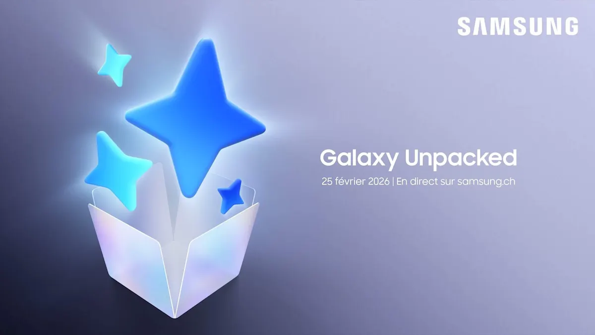 Visuel teaser Samsung Galaxy Unpacked avec des étoiles bleues lumineuses flottant au-dessus d’une boîte ouverte sur fond violet.