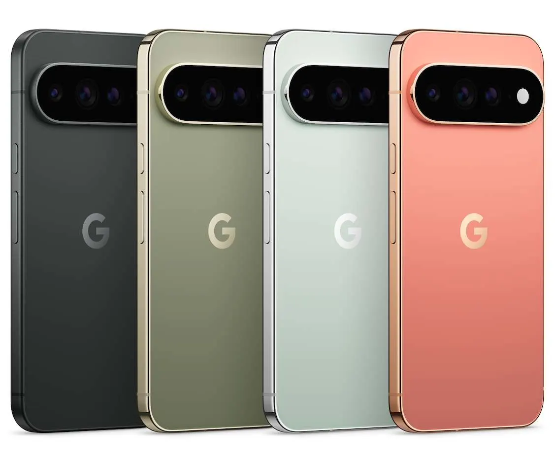 Vier Google Pixel 11 Pro XL in unterschiedlichen Farben nebeneinander aufgereiht.