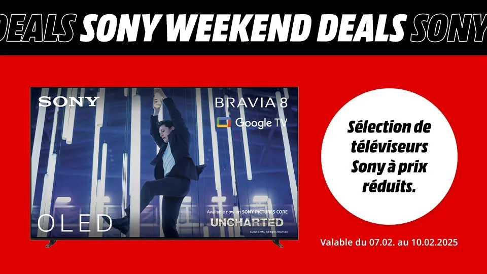 Promotion Sony sur fond rouge et noir, avec TV OLED affichant "UNCHARTED" et offre de réduction sur les téléviseurs Sony.
