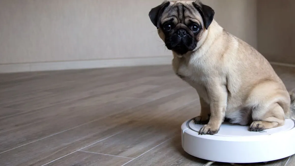 Hund sitzt auf einem Roboter-Staubsauger